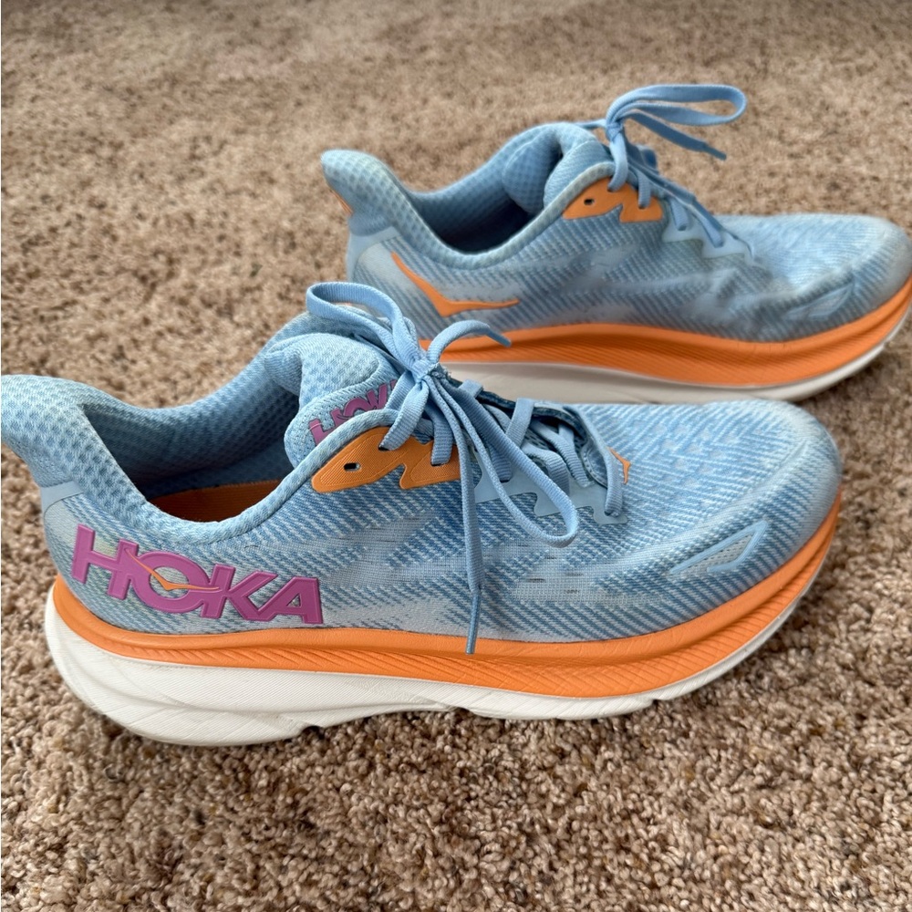 Hoka Clifton 9 Light Blue and Orange Sneakers